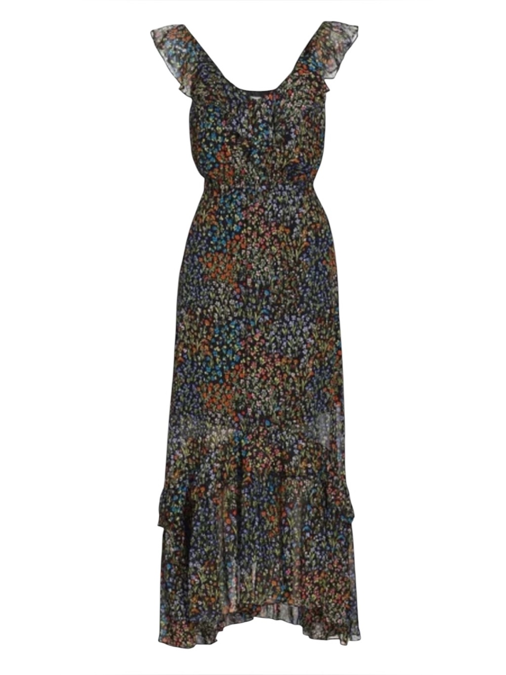 Ramy Brook Avayah Chiffon Floral Sleeveless Ruffle V-Neck Hi/Lo Hem Midi Dress